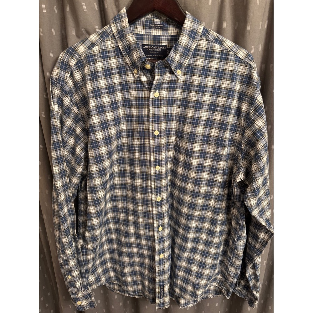 American Eagle Outfitters Mens Blue Plaid Chambray Button Down Shirt Large